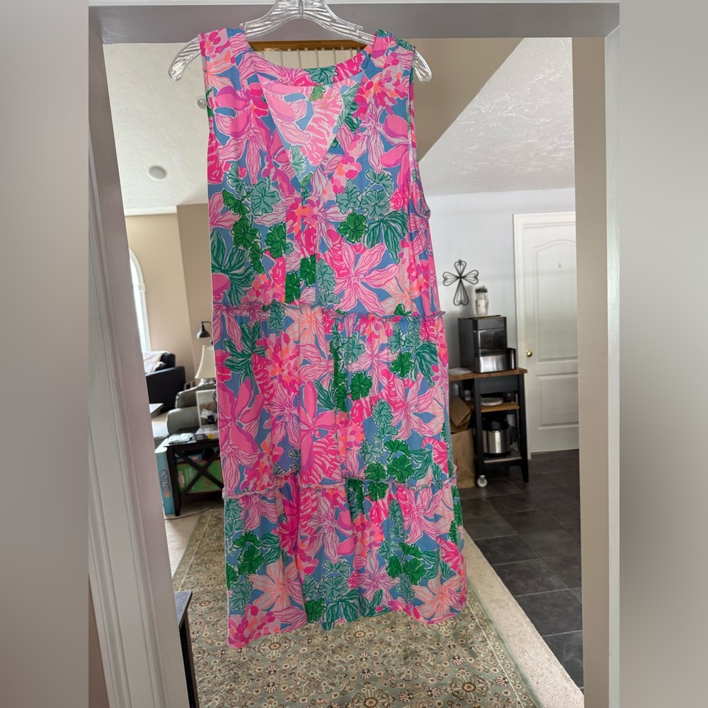 Lilly Pulitzer Pink, Green & Blue Floral Tiered Midi Dress